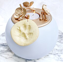 An Urn with a candle and an Imprint of a Dog's Paw An Urn with a candle and an Imprint of a Dog's Paw