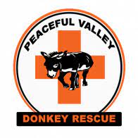 The Logo for Peaceful Valley Donkey Rescue. It's an orange circle with the words Peaceful Valley at the top of the circle, a donkey standing in front of an orange plus sign, and the words Donkey Rescue at the bottom