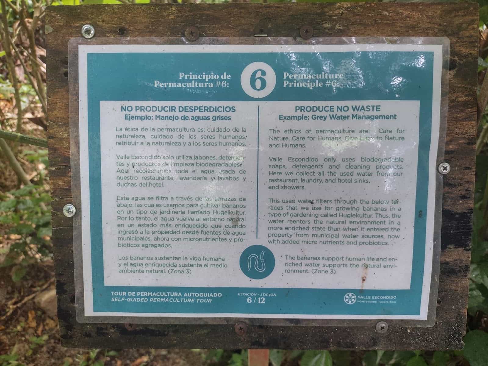 A Sign About Permaculture Principle 6 – Produce No Waste. It Describes How They Use Their Gray Water