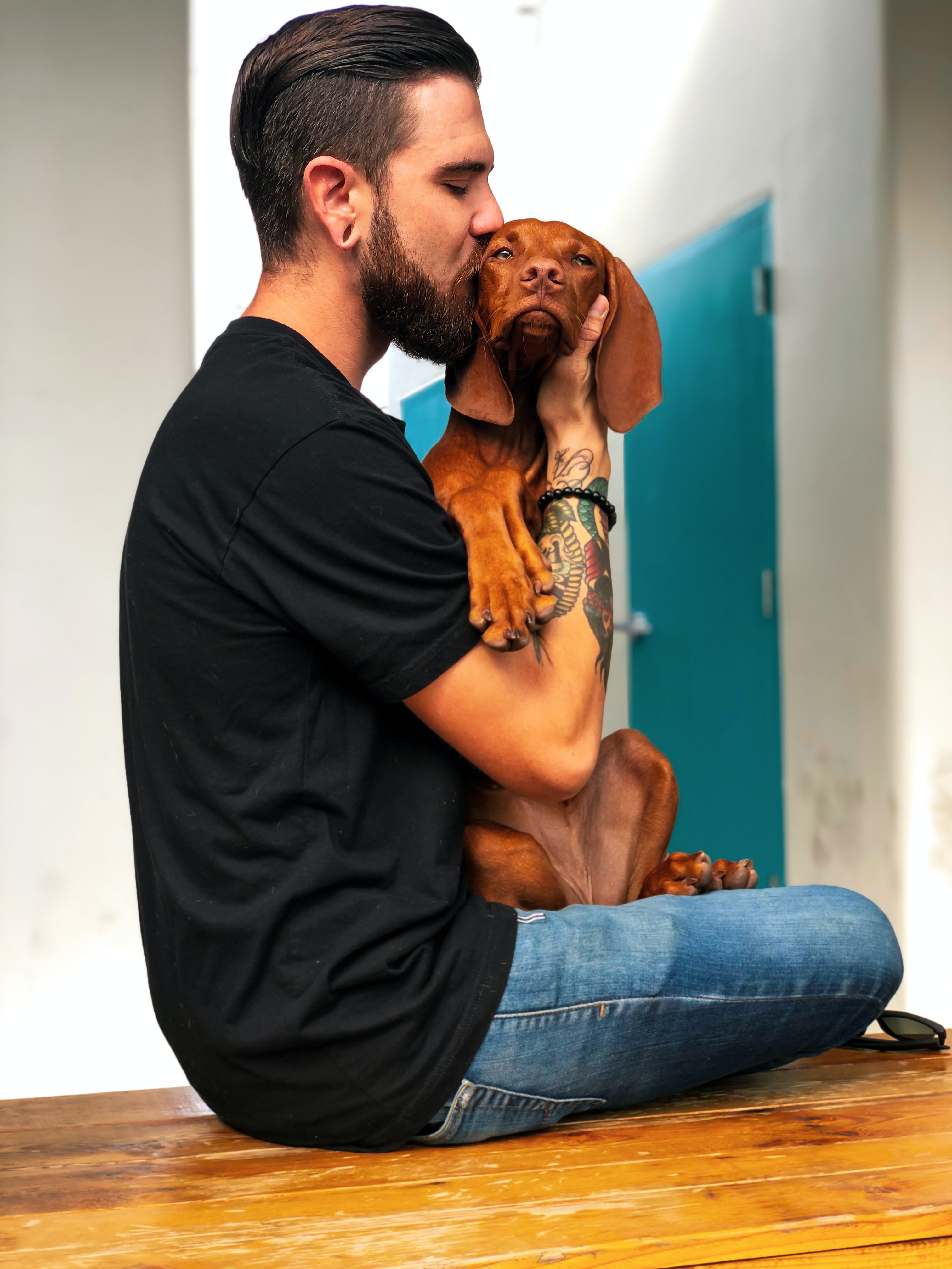 Man Sitting on a Bench Lovingly Holding His Dog and Kissing It as if he Considers Pets as Family Members Man Sitting on a Bench Lovingly Holding His Dog and Kissing It as if he Considers Pets as Family Members
