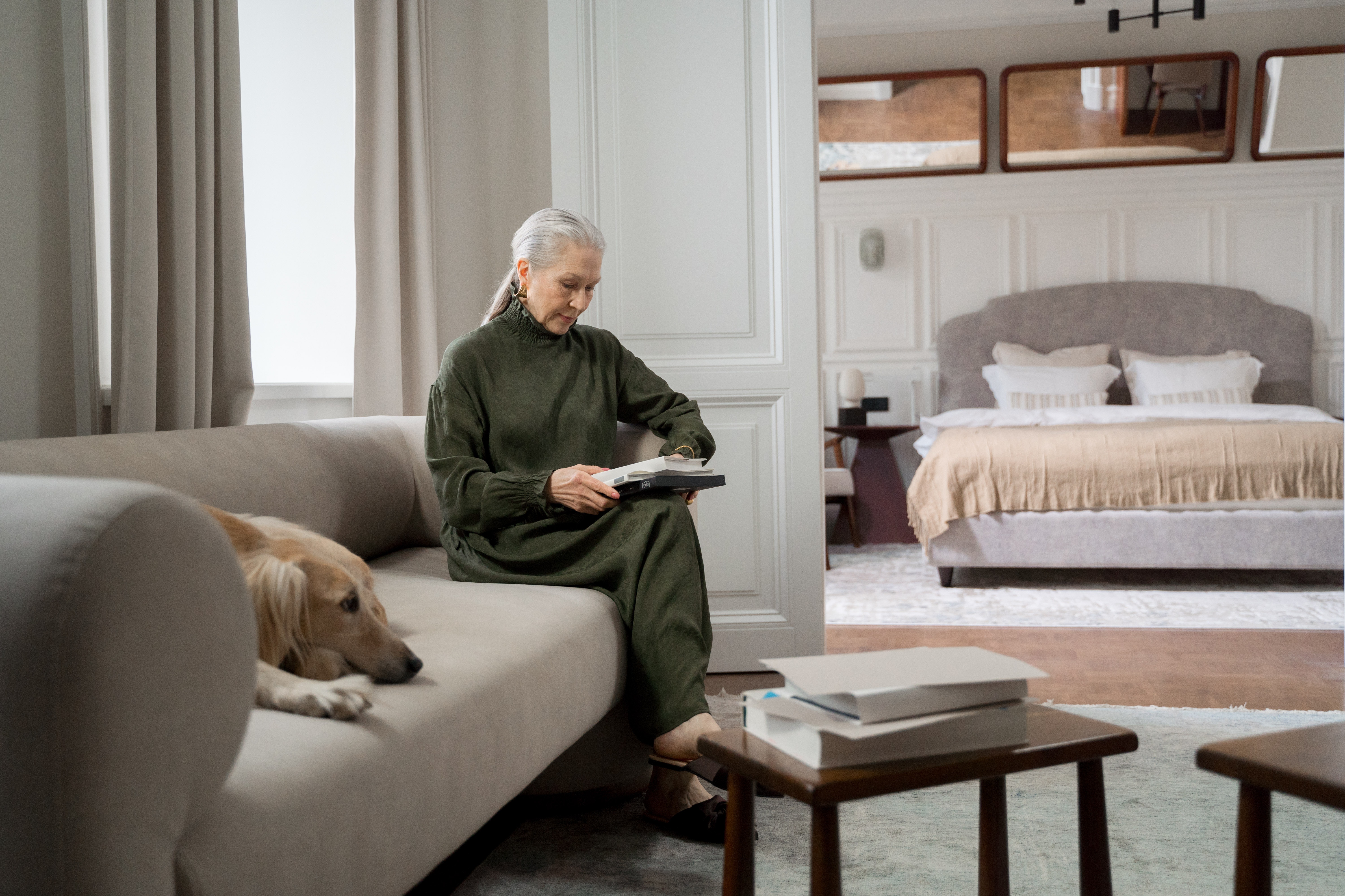 Elderly Woman Reading a Book at Home With a Dog Lying on the Couch Elderly Woman Reading a Book at Home With a Dog Lying on the Couch