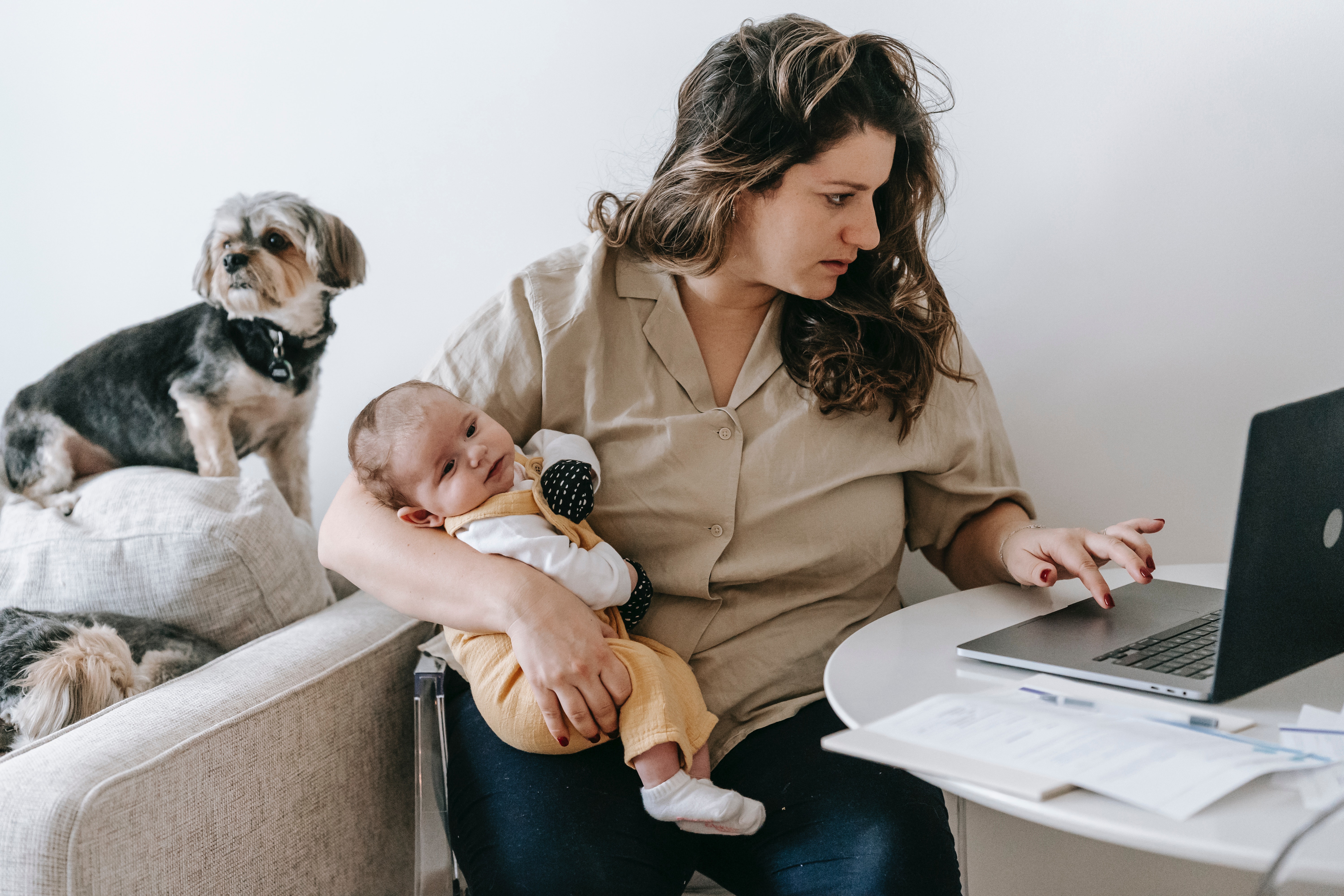 woman working with a pet and a baby Photo by Sarah  Chai: https://www.pexels.com/photo/mother-carrying-her-baby-while-working-from-home-7282833/ woman working with a pet and a baby Photo by Sarah  Chai: https://www.pexels.com/photo/mother-carrying-her-baby-while-working-from-home-7282833/