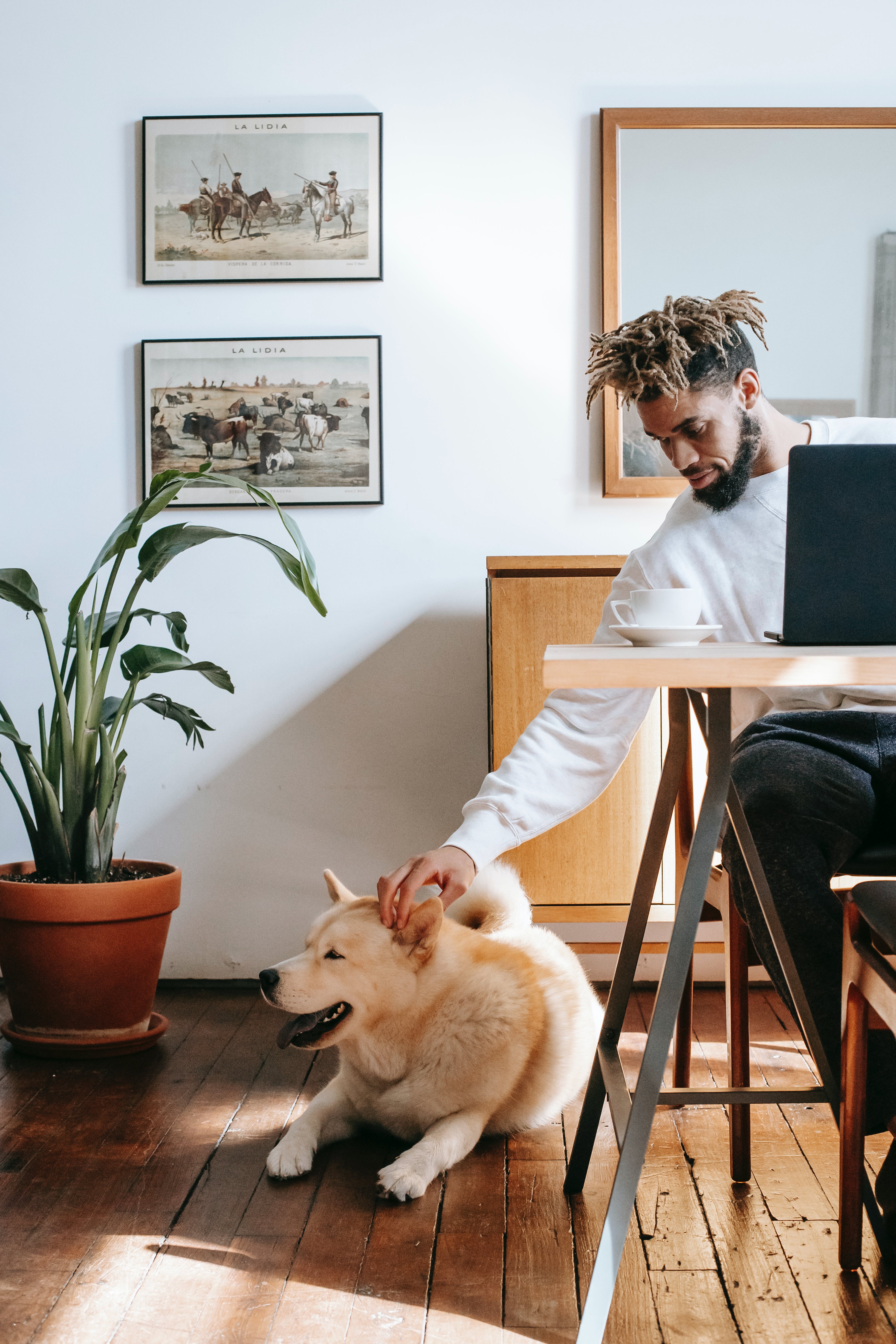 Man in an Apartment Petting a Dog.